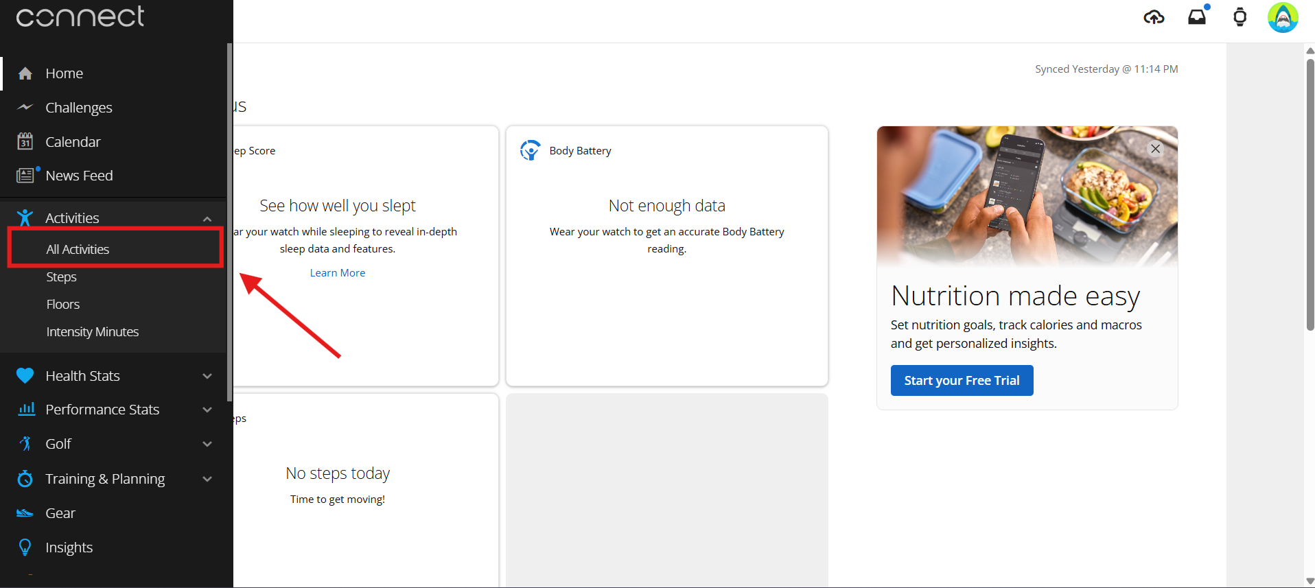 Garmin activity page with menu highlighted