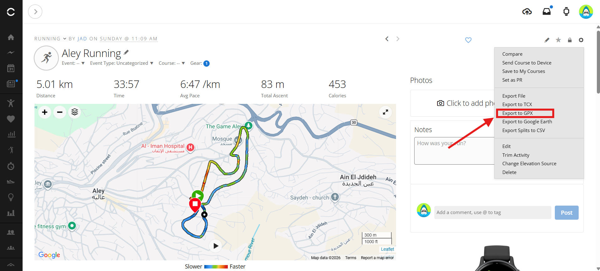 Garmin export menu with GPX option highlighted