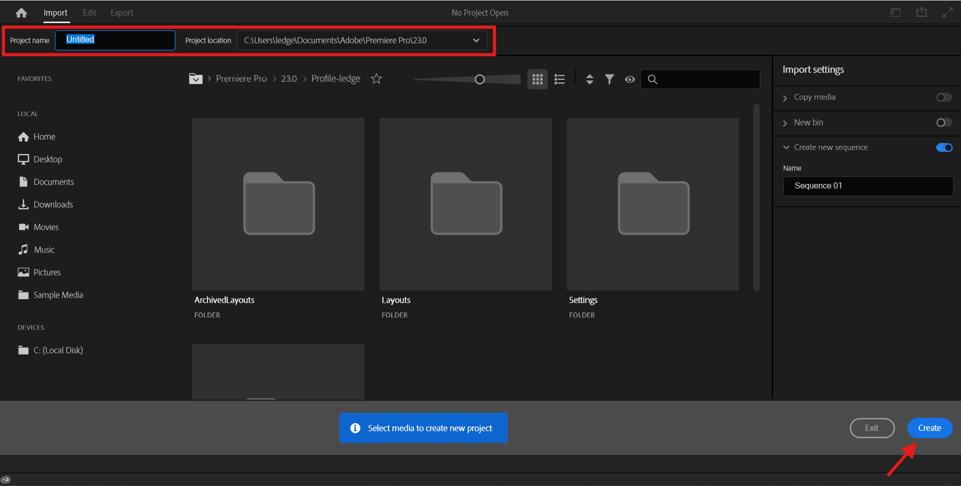 New Project dialog in Premiere Pro