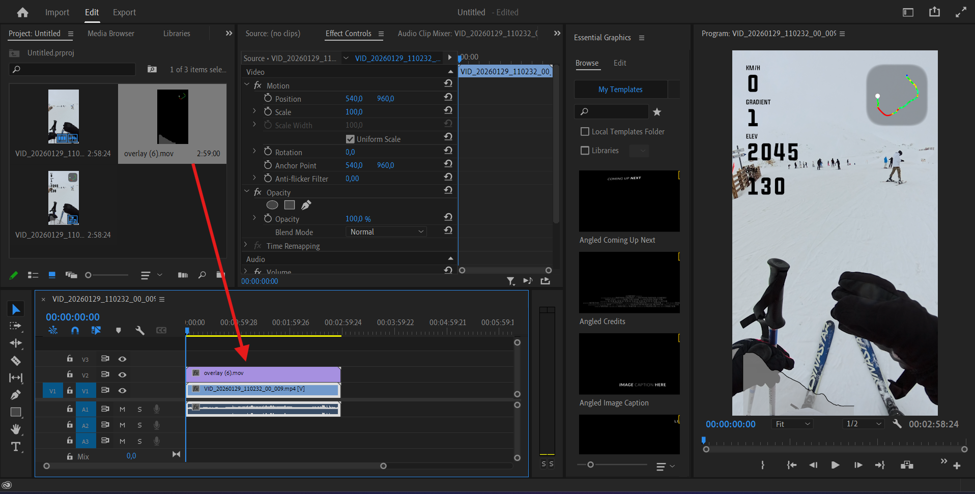 Premiere timeline with overlay above footage
