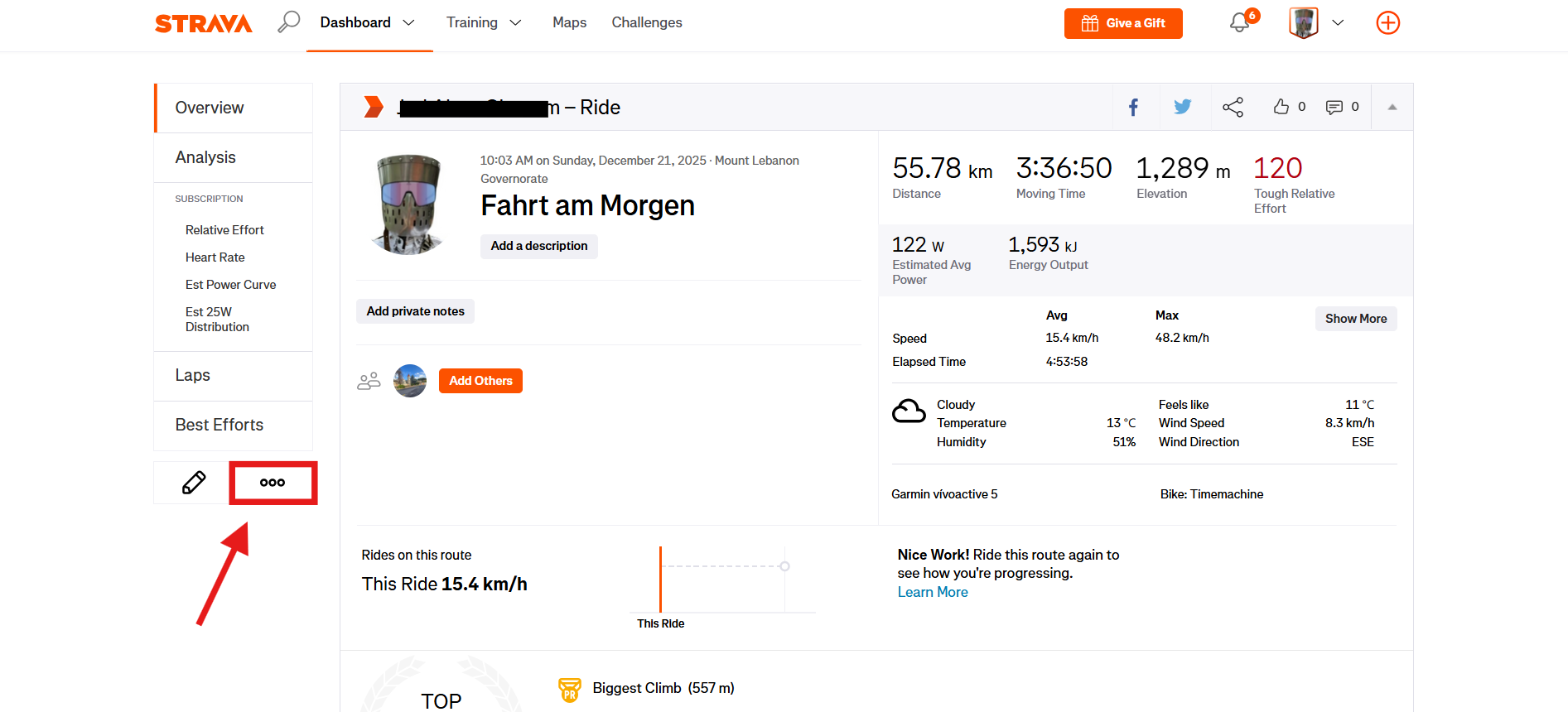 Strava activity page with menu highlighted