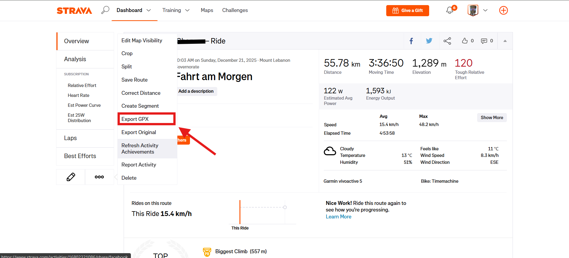 Strava export menu with Export GPX option highlighted