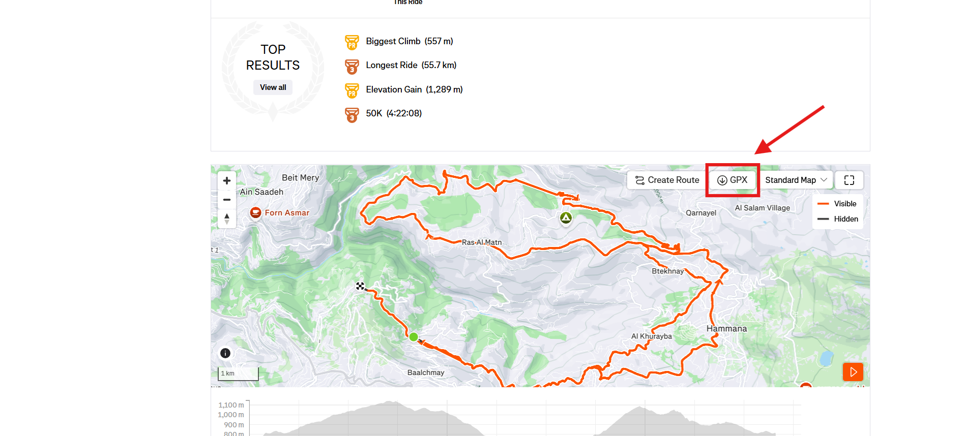 Strava map section with GPX link highlighted