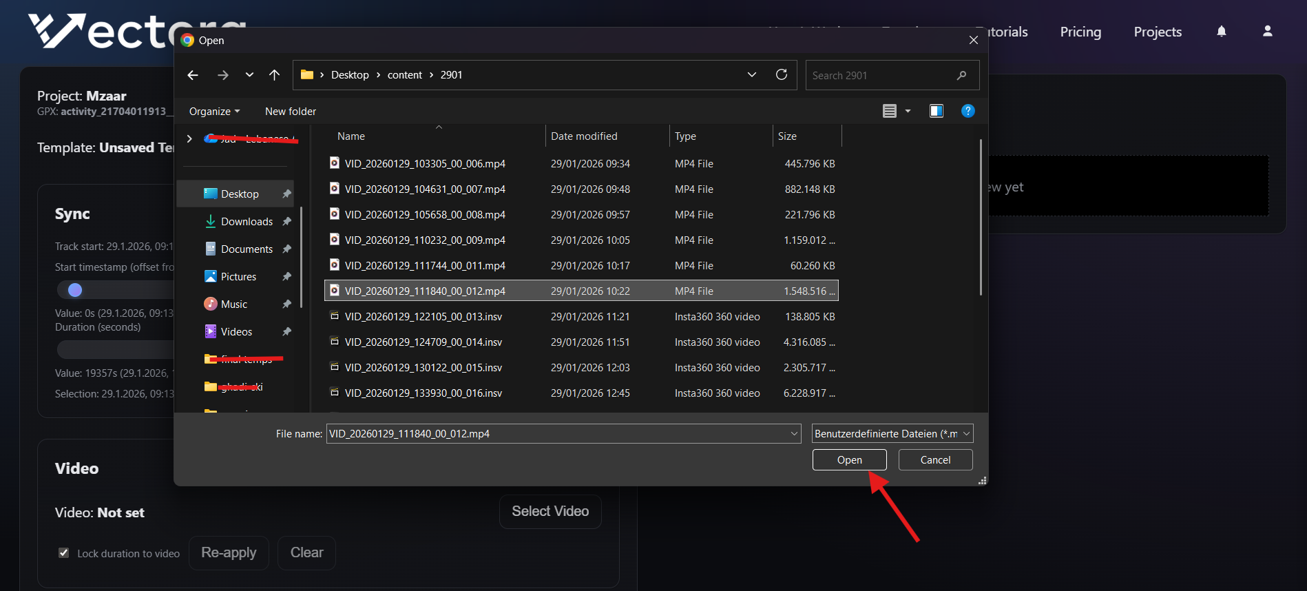 Video selection in Vectora editor